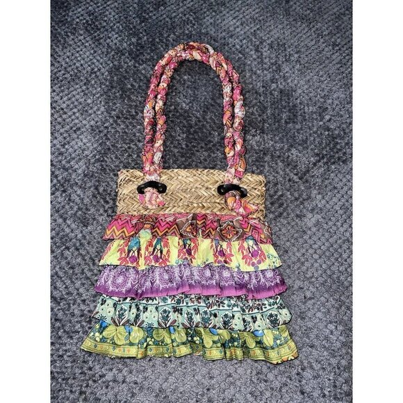 CAPPELLI Straworld Rattan and Multicolor Tiered Ruffles Double Top Handles Bag - Picture 7 of 16